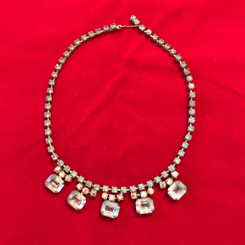 Vintage Light Blue Faceted Rhinestone Silver Tone Choker Necklace